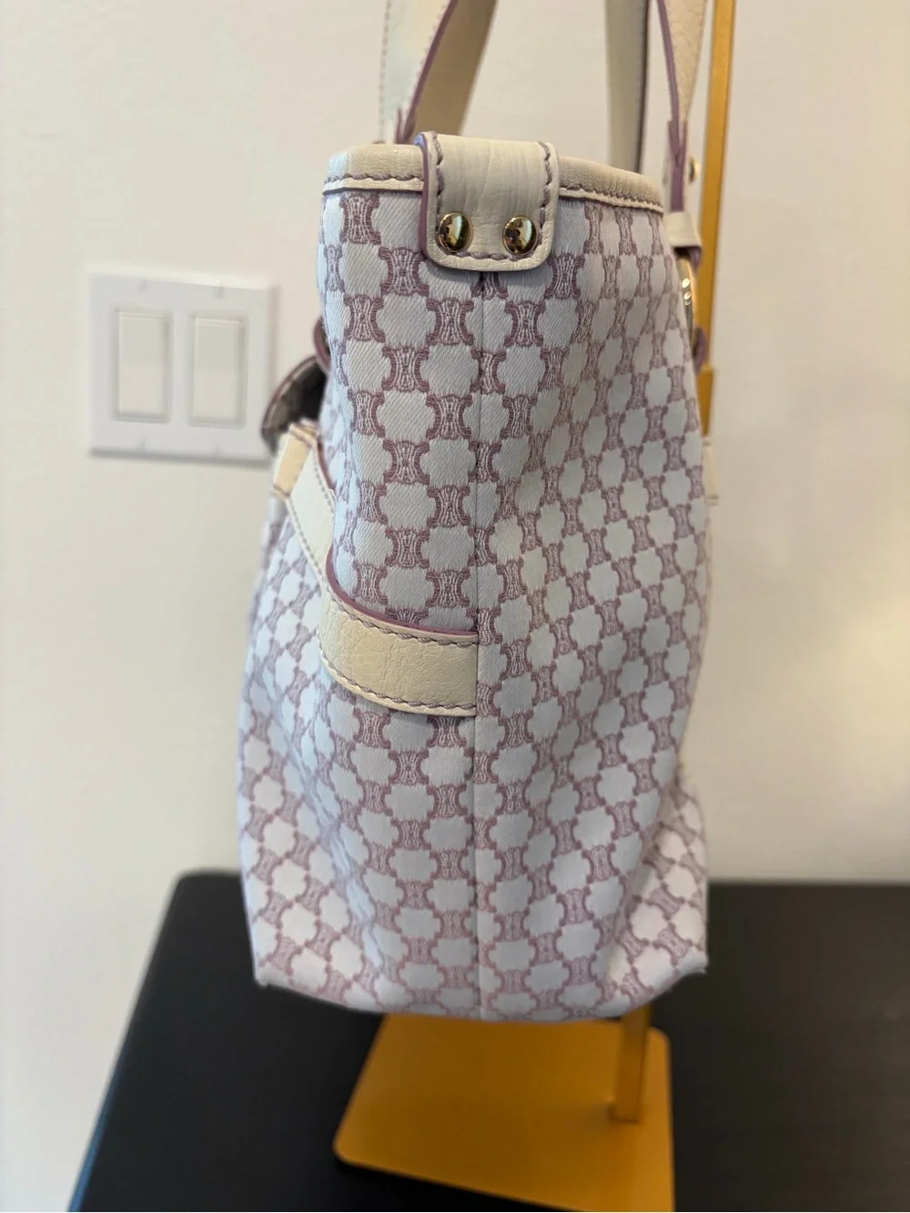 Vintage Celine Macadam Canvas Tote Bag in a purple and white/cream